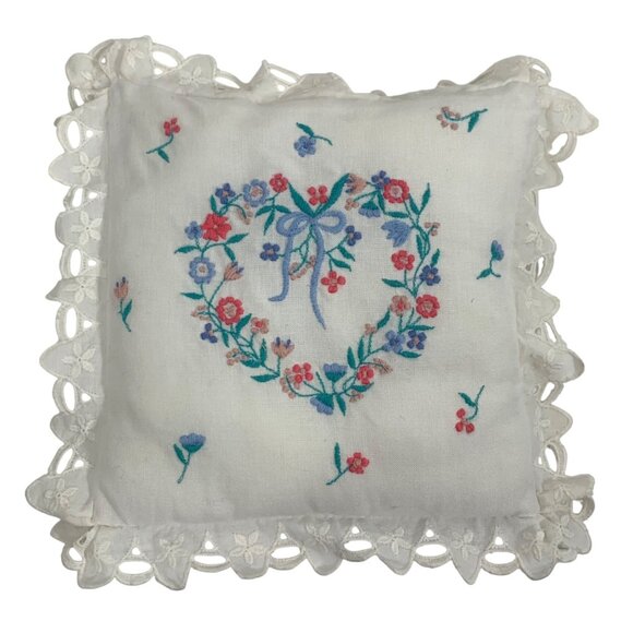 Vintage 80s Hand Embroidered Floral Heart Mini Pillow + Ruffles Pink/Blue/Yellow - Picture 1 of 2